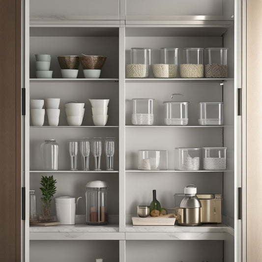 A serene, minimalist kitchen cabinet with soft, warm lighting, featuring perfectly aligned rows of elegant, glass-fronted containers, and a few strategically placed dividers, showcasing a sense of calm, organized precision.