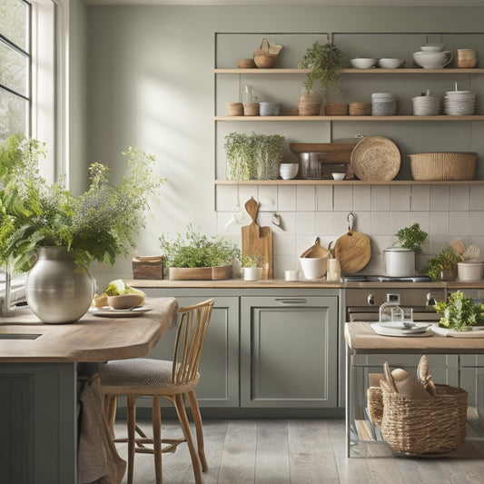 A serene kitchen with soft, warm lighting, featuring a tidy island with a built-in utensil organizer, a few neatly arranged cookbooks, and a vase with fresh greenery, surrounded by calm, muted colors.