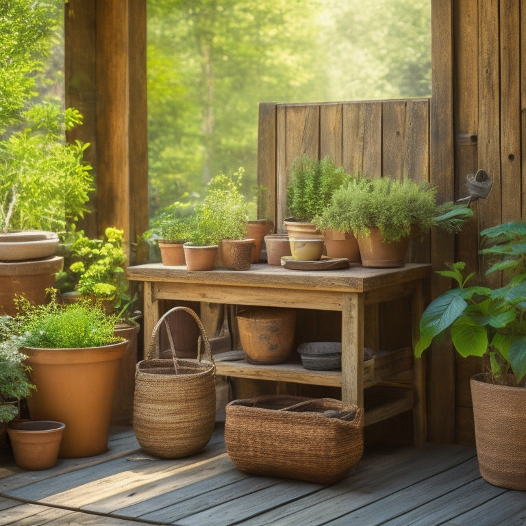 A rustic wooden potting bench with a worn, weathered finish, adorned with potted plants, gardening tools, and a woven basket, set against a backdrop of lush greenery and warm sunlight.