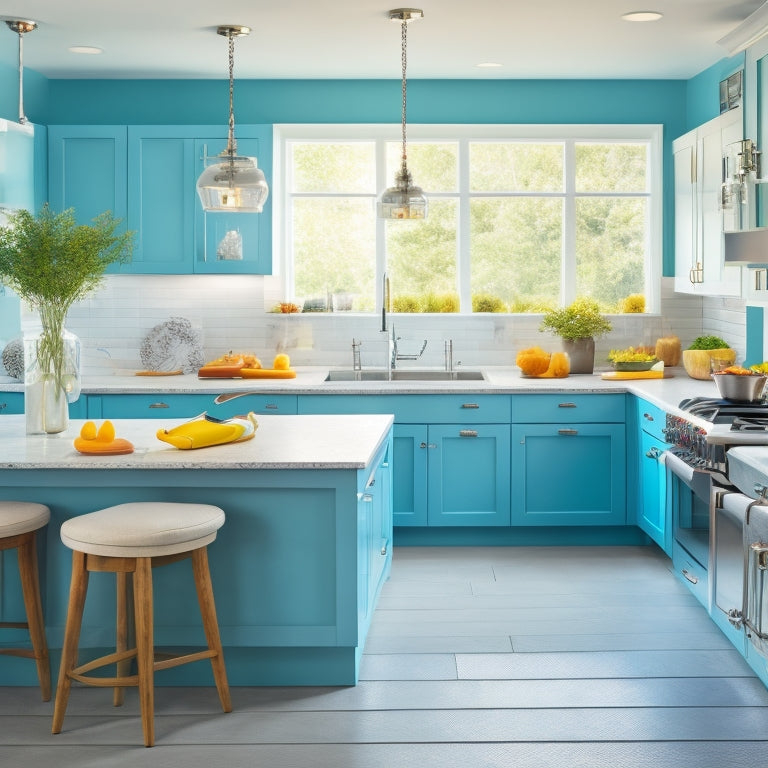 A bright, modern kitchen with a tidy island in the center, a sparkling sink, and a few strategically placed cleaning tools, such as a microfiber cloth and an all-purpose cleaner bottle.