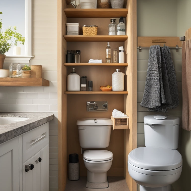 A tidy, well-lit under-sink area with a slide-out trash can, a pedestal sink organizer with built-in soap dispenser, and a wall-mounted, tiered spice rack holding cleaning supplies.