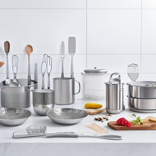 A modern kitchen featuring sleek, silver stainless steel organizers with rounded edges, filled with neatly arranged kitchen utensils, cookbooks, and spices, against a clean white background.