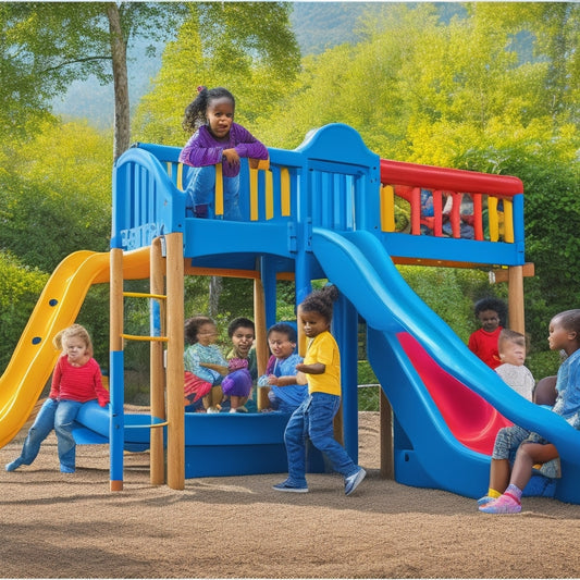 A colorful play area with multiple kids of different ages and ethnicities playing on various climbers, including a bright blue spiral slide, a yellow rope ladder, and a sturdy wooden castle.