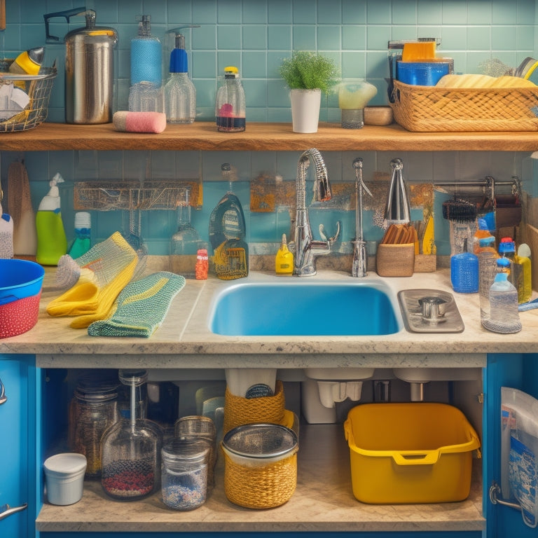 A cluttered kitchen sink area with chaotic pipes and scattered cleaning supplies transforms into a tidy space with HI NINGER Under Sink Organizers, featuring adjustable shelves and sleek metal frames.