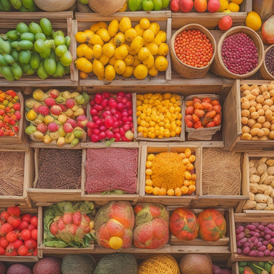A vibrant, overhead shot of a bustling market stall, with an array of colorful, artfully arranged fruits, vegetables, and artisanal food products, surrounded by wicker baskets and rustic wooden crates.