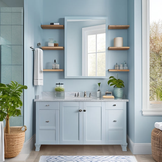 A bright, modern bathroom with a wall-mounted cabinet featuring a mirrored door, a recessed shelf above the sink, and a woven basket storing toiletries beneath the vanity.