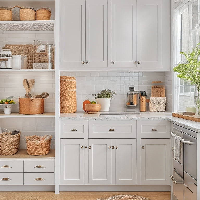 A bright, modern kitchen with a sleek, white pantry cabinet featuring adjustable shelves, woven baskets, and a pegboard with hooks, surrounded by warm, natural light and minimal decor.