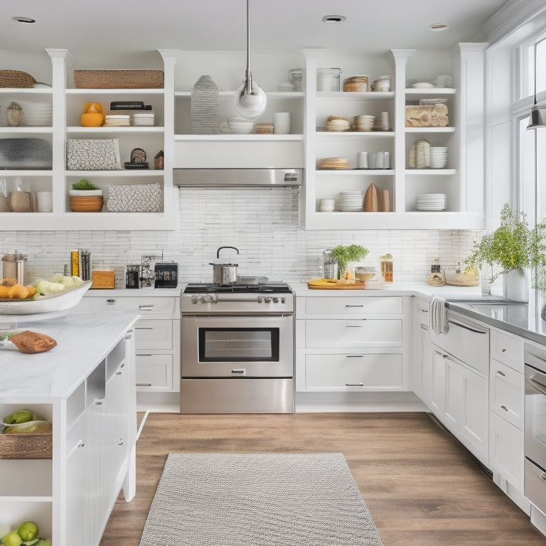 A bright, modern kitchen with sleek white cabinets, stainless steel appliances, and a large island in the center, featuring a utensil organizer, a tiered spice rack, and a few neatly arranged cookbooks.