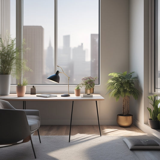 A serene, minimalist room with a tidy desk, a few potted plants, and a single, sleek chair, illuminated by a large window with soft, natural light and a subtle, blurred cityscape outside.