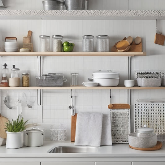 A modern kitchen with sleek, white cabinets, utensils and cookware organized on a pegboard, a pull-out spice rack, and a tiered cart with labeled baskets, set against a calming light gray background.