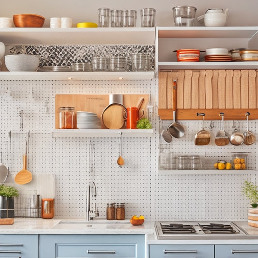 A bright, modern kitchen with sleek countertops, white cabinets, and stainless steel appliances, featuring a pegboard with hanging utensils, a spice rack, and a labeled drawer organizer.