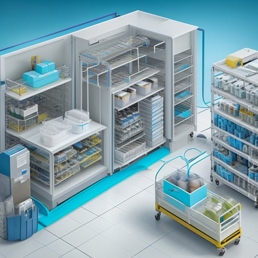 An illustration of a hospital supply chain, featuring a central hub with interconnected gears, surrounded by shelves stocked with medical equipment, with arrows flowing in and out, symbolizing efficient management.