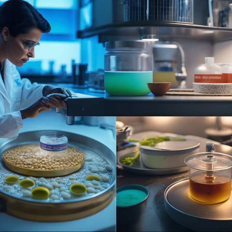 A split-screen image featuring a darkened kitchen counter with spoiled food and a Centers for Disease Control and Prevention (CDC) scientist in a lab coat examining petri dishes under a microscope.