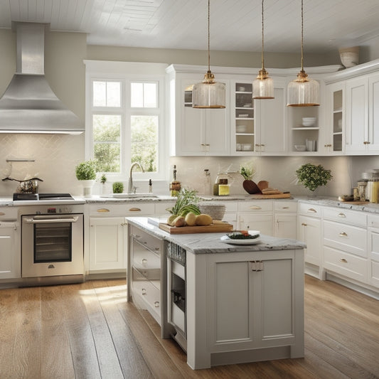 A serene kitchen space with sleek, white cabinets, warm wood accents, and a large, central island featuring a built-in cooktop, surrounded by utensils and ingredients in perfect harmony.