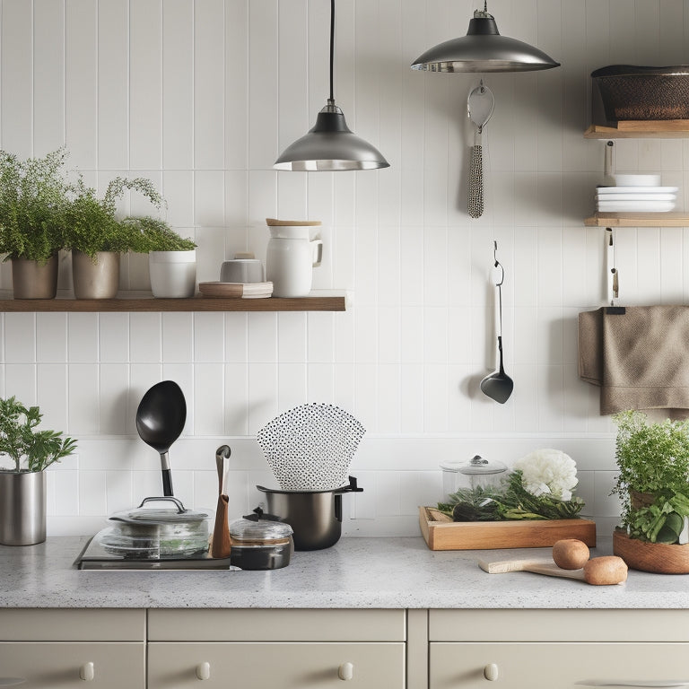 A tidy kitchen with a minimalist aesthetic, featuring a few strategically-placed utensils on a pegboard, a small vase with fresh herbs, and a single, sleek cookbook on a clutter-free countertop.