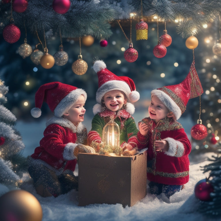 A whimsical illustration of three playful elves amidst a festive winter wonderland, surrounded by colorful ornaments, twinkling lights, and scattered printables, with a hint of snowflakes and mistletoe.