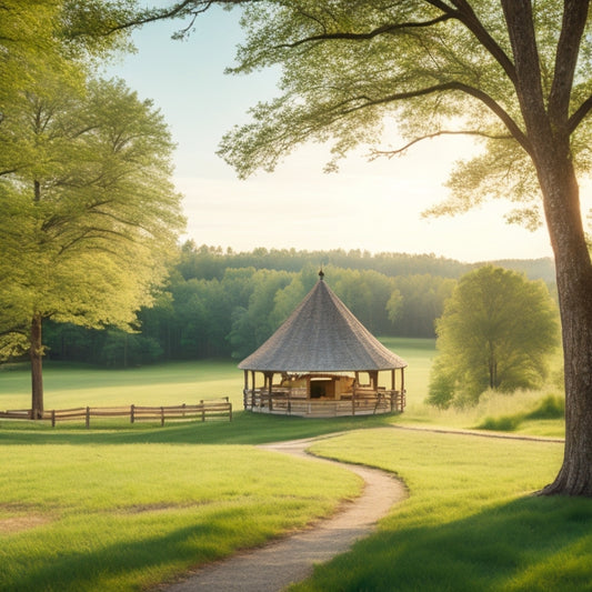 A serene, sun-drenched landscape featuring a rustic barn with a lush green meadow, surrounded by towering trees, with a winding stone path leading to a elegant white gazebo in the distance.