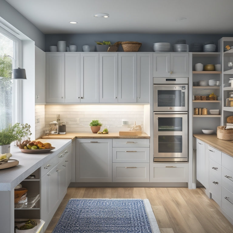 A bright, modern kitchen with warm lighting, featuring a mix of open shelving, soft-close drawers, and pull-out cabinets with ergonomic handles, showcasing a senior-friendly organization system.