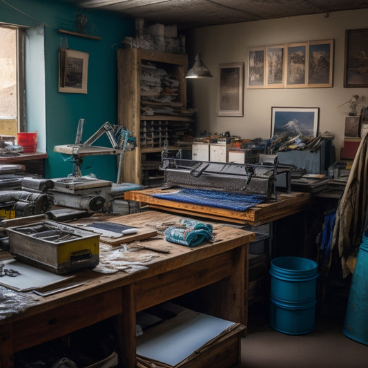 A cluttered garage workshop with a DIY screen printing press in the center, surrounded by ink-stained screens, rolls of paper, and scattered art supplies, with a few printed t-shirts hung to dry.