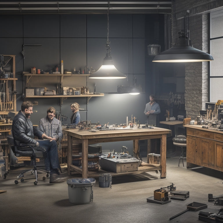 A clutter-free, well-lit workshop with a sleek, silver MFSlab Work Table in the center, surrounded by various tools and materials, with a few satisfied craftsmen in the background, working efficiently.