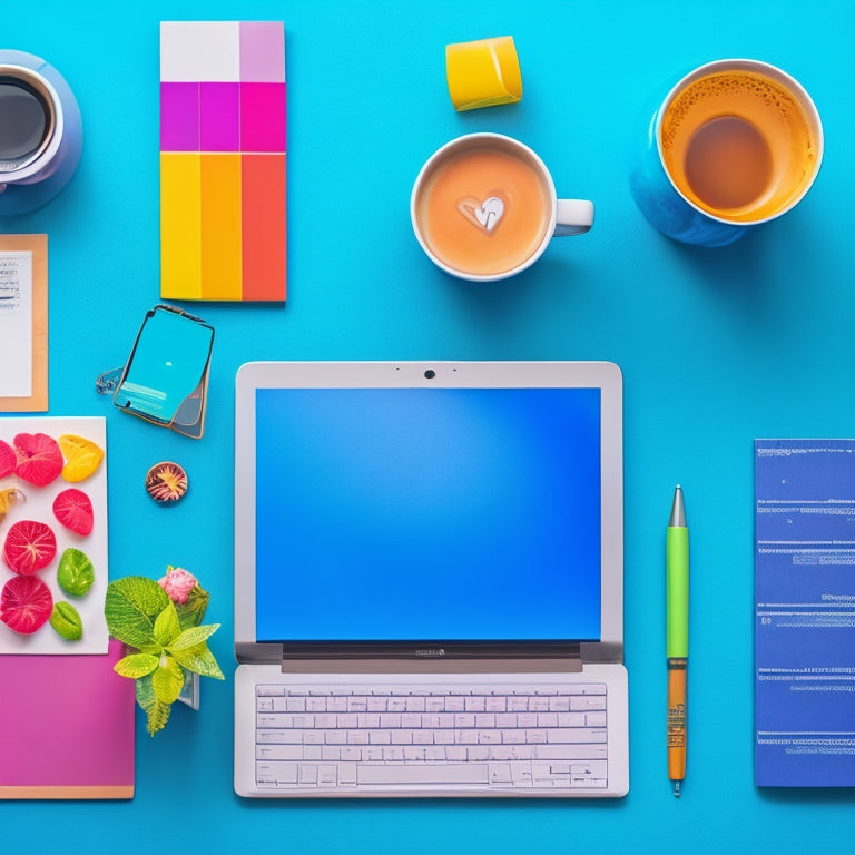 A colorful, organized desk with a partially filled-in social media planner, surrounded by scattered social media icons, a laptop, and a steaming cup of coffee, set against a bright, gradient blue background.