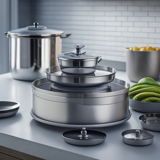 A modern kitchen countertop with a sleek, silver pot lid organizer system, featuring five stacked, circular lid holders with rounded edges and a small, circular turntable base.
