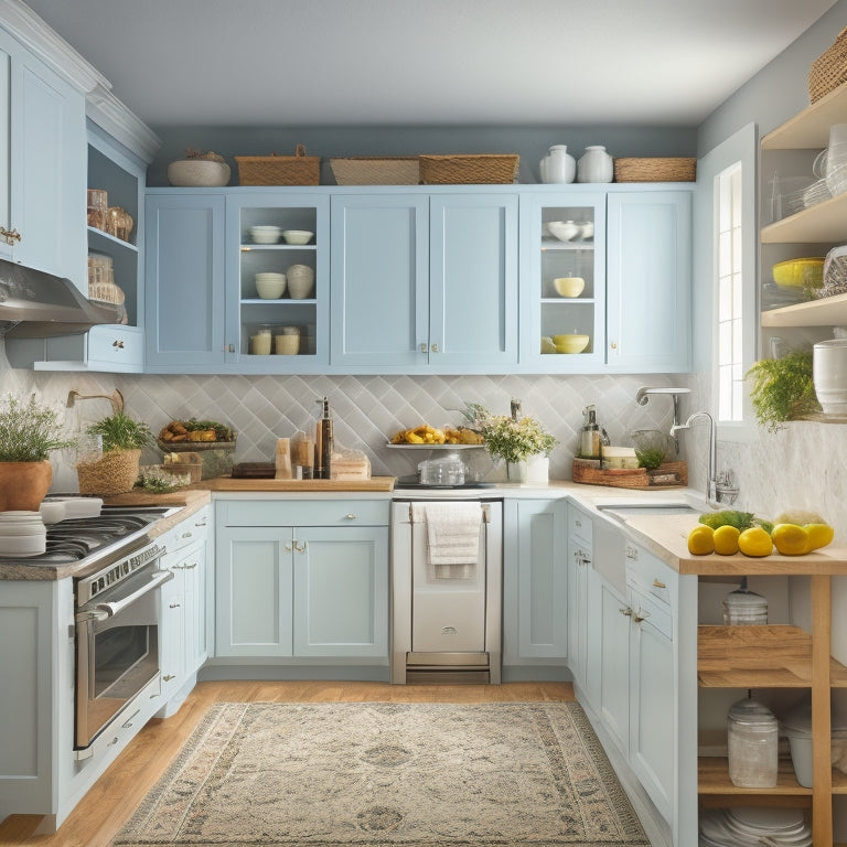 An organized kitchen with a senior-friendly layout: a walk-in pantry with shelves at waist level, a pull-out trash can, and a U-shaped countertop with a sink, stove, and refrigerator in a continuous workflow.