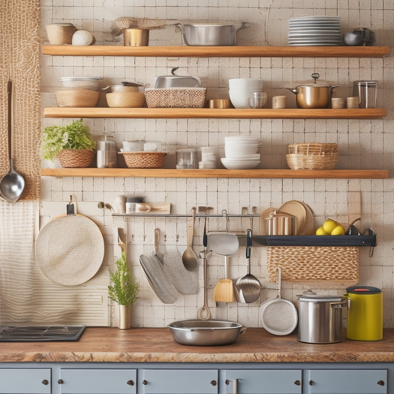 Illustrate a clutter-free kitchen with a pegboard on the wall, baskets on open shelves, and a utensil organizer on the counter, amidst a backdrop of warm, natural light and wooden accents.