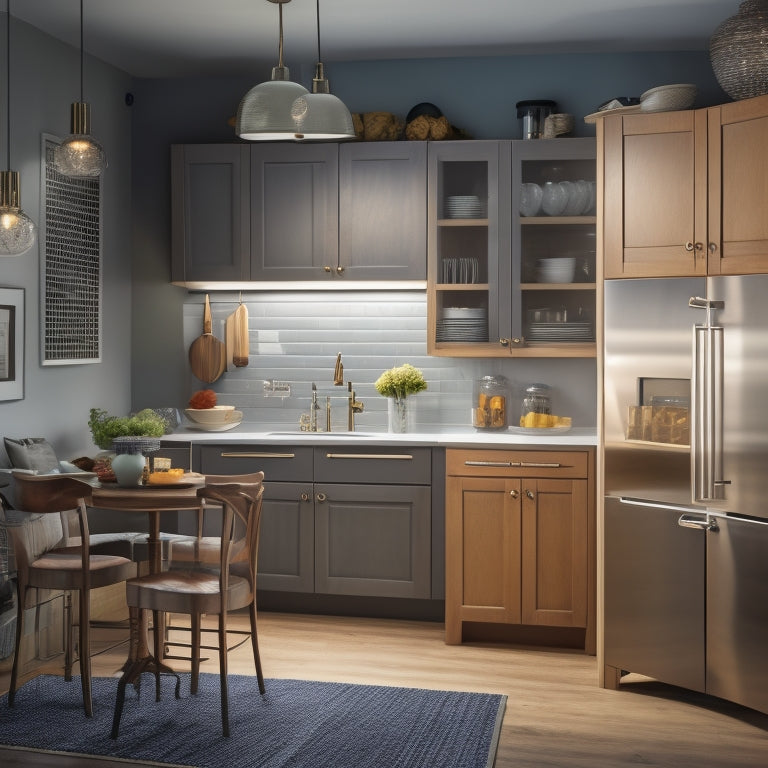 A kitchen corner with a carousel cabinet, a pull-out trash can, and a wall-mounted spice rack, surrounded by sleek countertops and modern appliances, with a warm, inviting lighting.