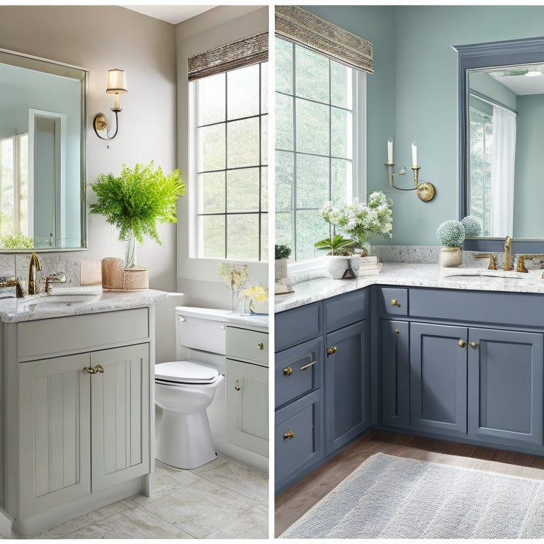 A before-and-after split-screen image: a dull, outdated bathroom sink on the left with worn-out hardware and faded cabinets, transformed on the right into a modern oasis with a freshly painted sink, sleek new fixtures, and refreshed cabinetry.