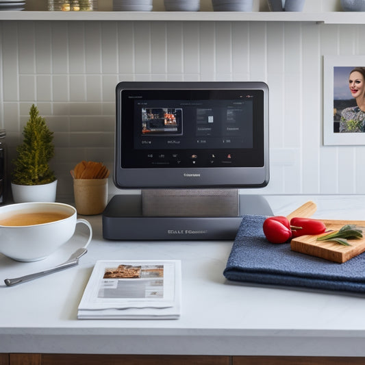 A modern kitchen countertop with a sleek PC monitor in the background, surrounded by organized digital kitchen tools such as a tablet with a recipe app, a wireless kitchen scale, and a printer with a recipe book.