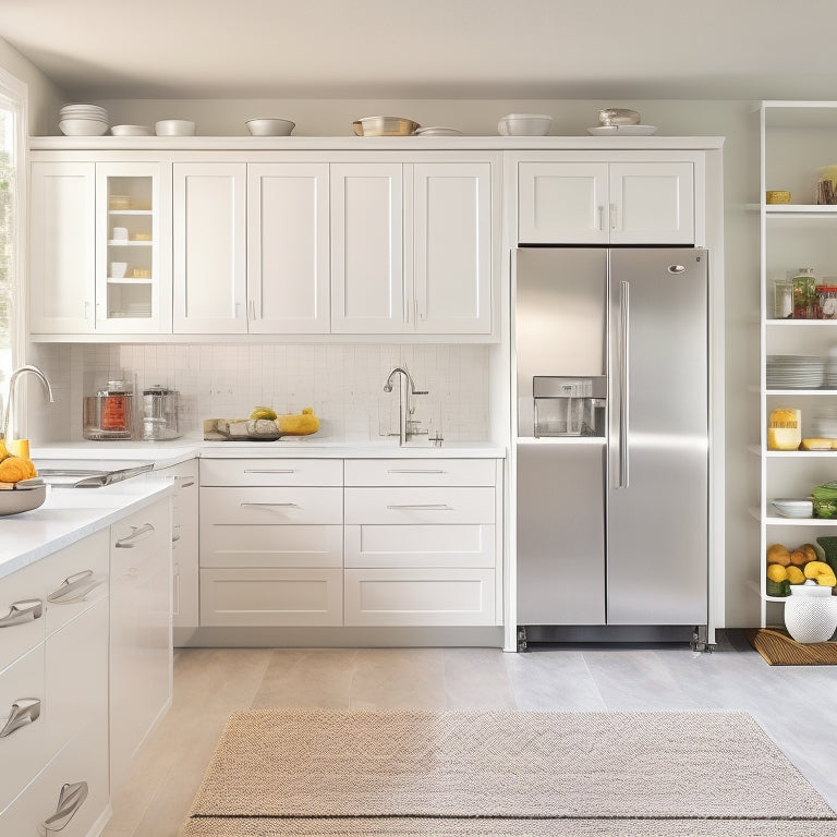 A bright, modern kitchen with sleek white cabinets, a minimalist island, and a stainless steel refrigerator, showcasing a pull-out spice rack, a utensil organizer, and a compact pot lid holder.