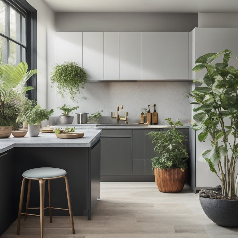 A serene, modern kitchen with sleek, handleless cabinets, a massive, minimalist island, and a chunky, reclaimed wood countertop, adorned with a few, carefully-placed potted plants and a single, elegant vase.