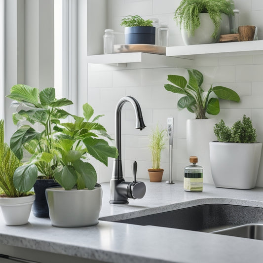 A modern kitchen with a sleek, stainless steel sink, featuring a stylish over-the-sink shelf with three small potted plants, a soap dispenser, and a few decorative ceramics, against a soft, white background.