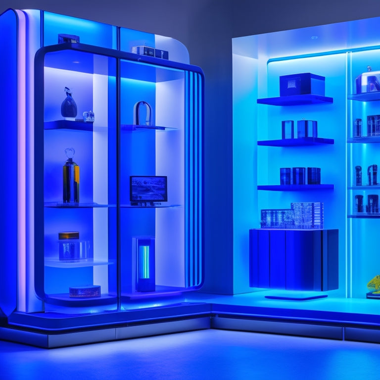 A vibrant, futuristic product showcase with sleek, metallic shelves and neon-lit pedestals, featuring a diverse array of innovative gadgets, sleek wearables, and cutting-edge devices in a dark, gradient-blue background.