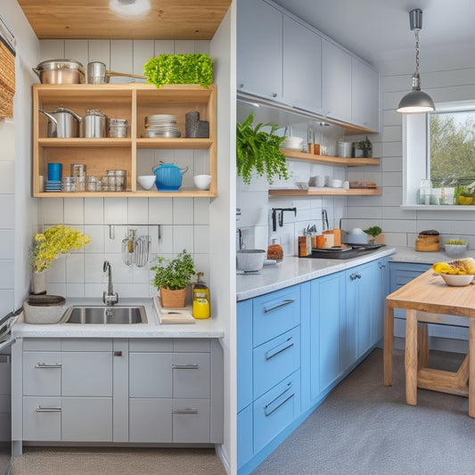 A bright, modern tiny house kitchen with sleek cabinets, a compact sink, and a minimalist breakfast bar, showcasing a pull-out pantry, hanging utensils, and a pegboard with neatly organized cookware.