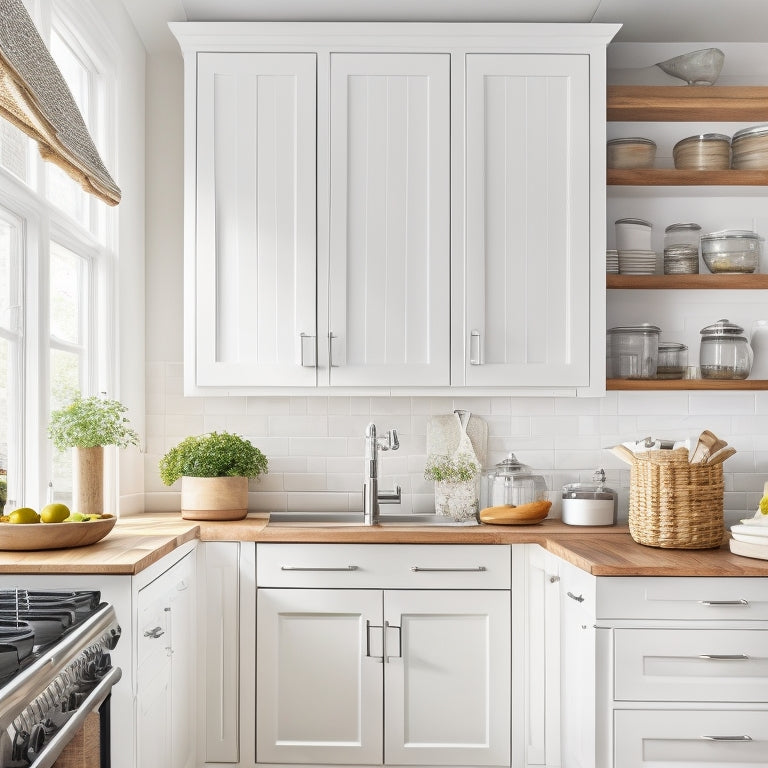 A bright, tidy kitchen with creamy white cabinets, stainless steel appliances, and warm wooden countertops, featuring a utensil organizer, a spice rack, and a few strategically placed decorative jars.