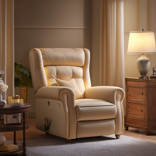 A serene, dimly lit room with a plush, beige Pride Mobility recliner in the center, adorned with rich, velvety cushions and a subtle, golden accent, surrounded by soft, cream-colored walls and warm, ambient lighting.