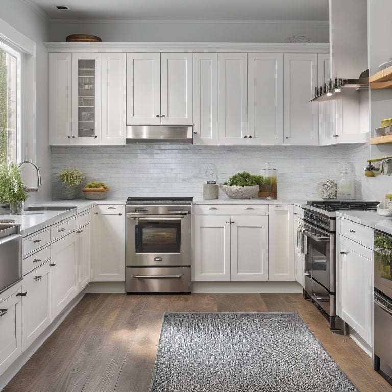 A sleek, modern kitchen with creamy white cabinets, stainless steel countertops, and dark hardwood floors, featuring a fully stocked, maximized cabinet organizer with adjustable shelves and baskets.