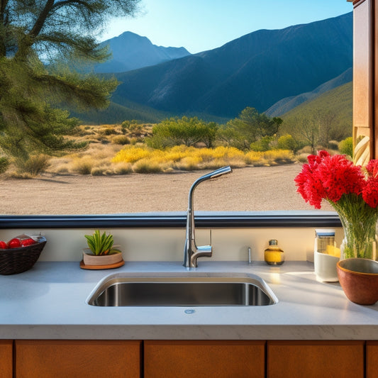 A modern RV kitchen with a sleek, stainless steel sink and faucet, surrounded by polished granite countertops, adjacent to a window with a scenic outdoor view, and illuminated by warm, soft lighting.