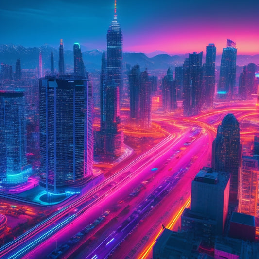 A futuristic, cyberpunk-inspired cityscape at dusk with sleek, glowing skyscrapers and neon lights reflecting off a winding, holographic highway, surrounded by orbiting, glowing blue circuits.