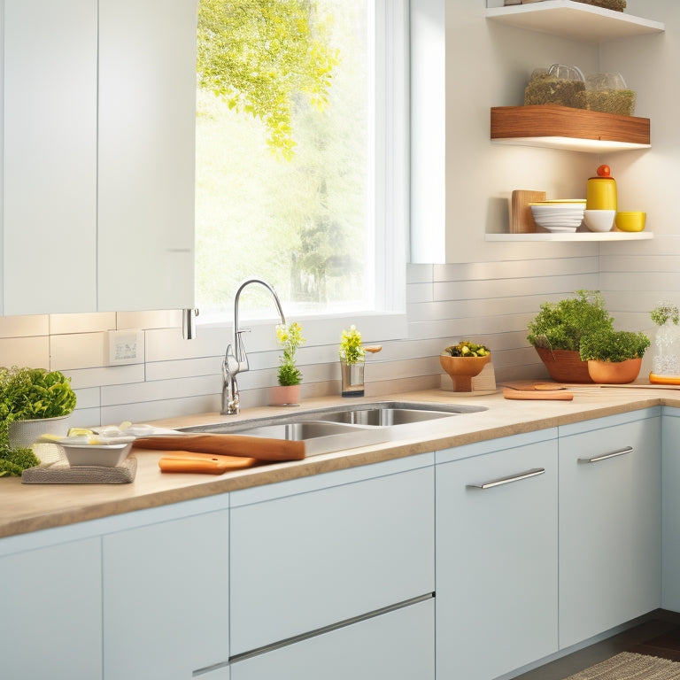 A bright, modern kitchen with sleek countertops, a stainless steel sink, and three different under-sink organizers: a slide-out drawer, a tiered shelf, and a hanging basket system.