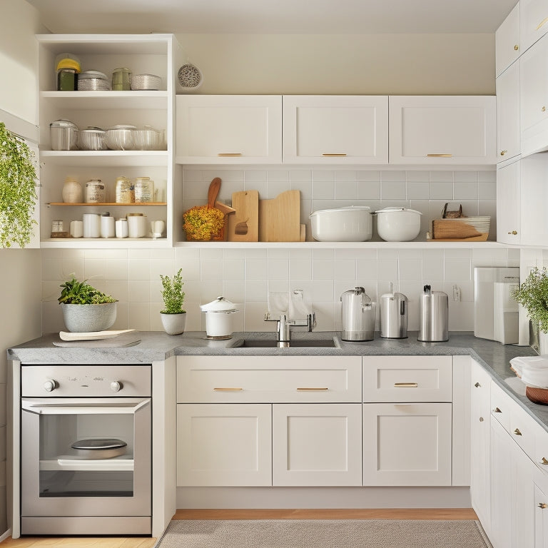 A modern kitchen with sleek, white cabinets, featuring a corner shelving unit with three adjustable tiers, chrome accents, and a built-in lazy Susan, surrounded by utensils and cookbooks.