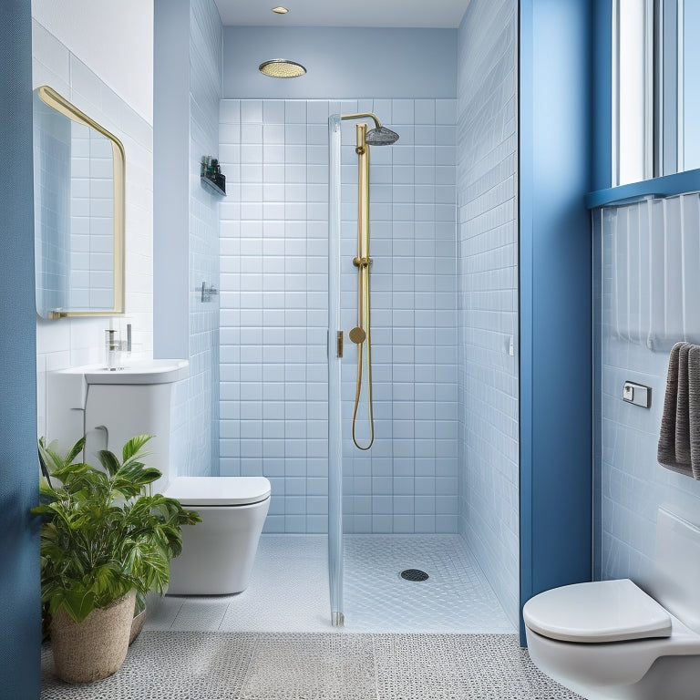 A modern, sleek bathroom with a shower area featuring a curved, ergonomic HEWI grab rail in a satin-finish metal, surrounded by gleaming white tiles and a subtle, gradient blue background.