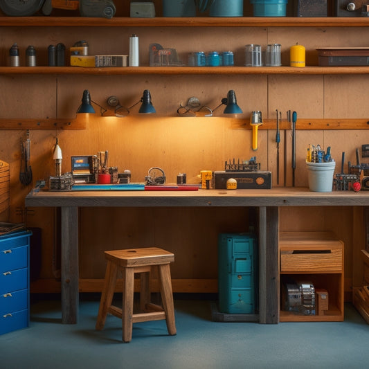 A tidy workshop corner with a wooden charging station featuring six drill slots, three small drawers, and a pegboard for hanging accessories, surrounded by neatly organized tools and cables.