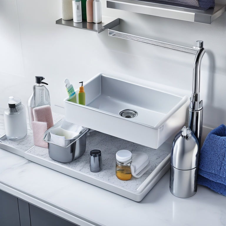 A modern kitchen sink with a sleek, chrome-finished slide-out shelf, fully extended, holding a variety of cleaning supplies, toiletries, and a small trash can, against a clean, white-marble countertop.