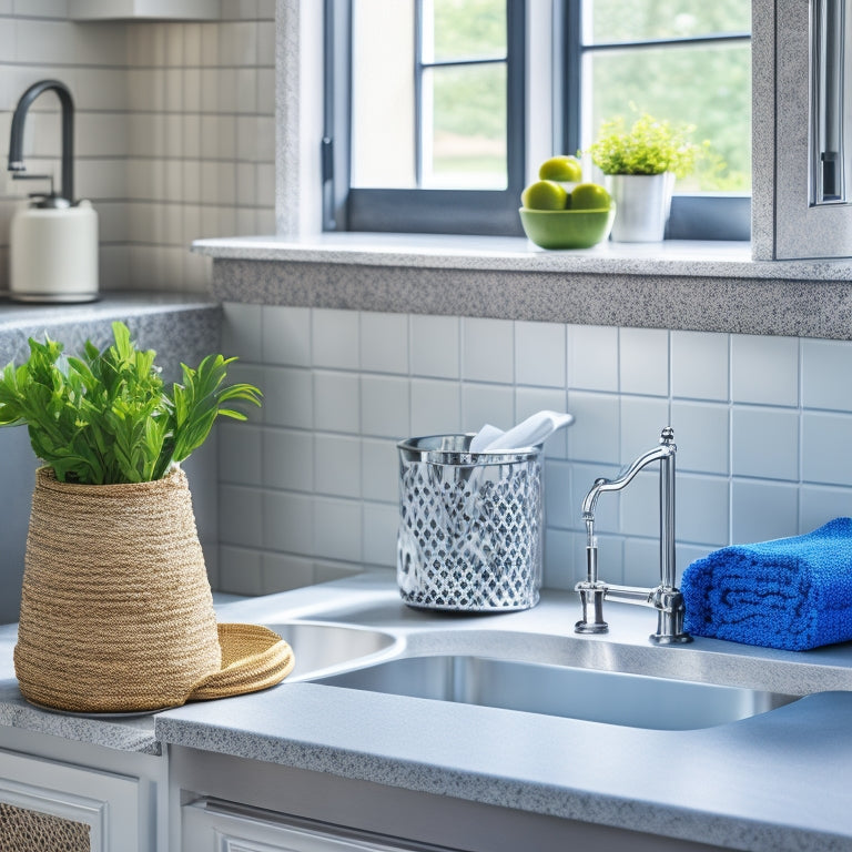 A tidy kitchen sink area with a sleek, wall-mounted soap dispenser, a stainless steel sink caddy holding a sponge and scrubber, and a woven basket storing dish towels beneath the sink.