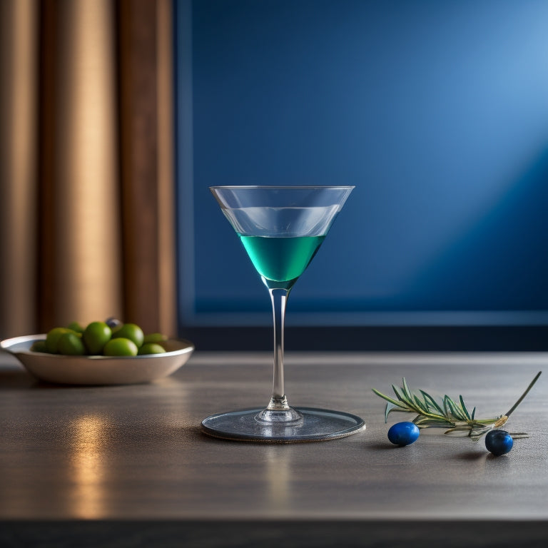 A sleek, modern martini glass positioned on a polished, dark wood surface, surrounded by scattered blueprints, with a few olives and a sprig of rosemary nearby, against a soft, warm lighting backdrop.