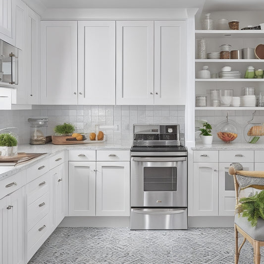 A modern kitchen with sleek, white cabinets and countertops, featuring a corner cabinet with a carousel storage system, pull-out shelves, and a lazy Susan, surrounded by utensils and cookware.