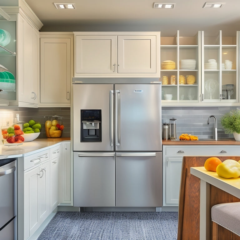 A sleek, modern kitchen with white cabinets, stainless steel appliances, and quartz countertops, featuring a pull-out pantry, nested drawers, and a built-in utensil organizer with chrome handles.